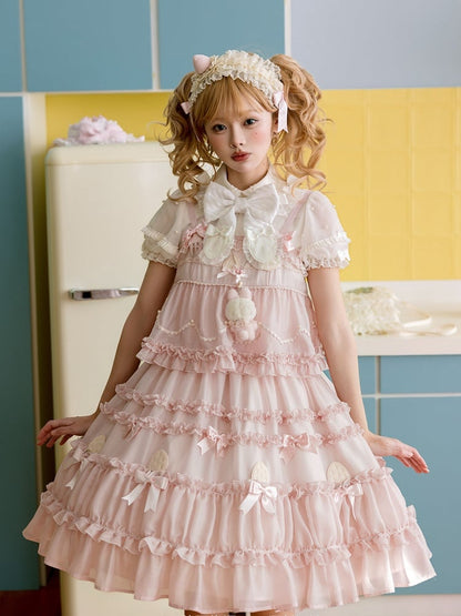 Pink Bow Accents Ruffle Trimming Sweet Lolita Fake Two-pieces Dress