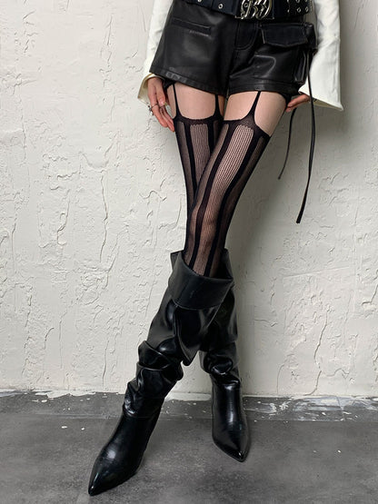 Punk Black Striped Cut-out Suspender Tights