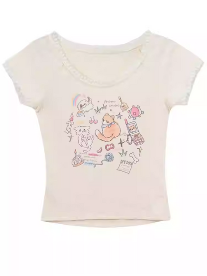Version T-Shirt Beige Adorable Fox Print Long/Short