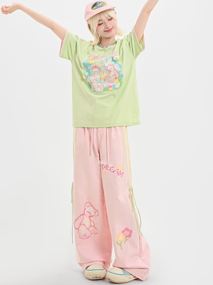 Adorable Bear Print Pink Version Wide-leg Casual Pants Long/Short