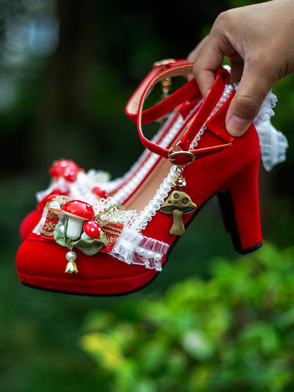 Red Bow Accent Bead and Mushroom Sweet Lolita Block Heels