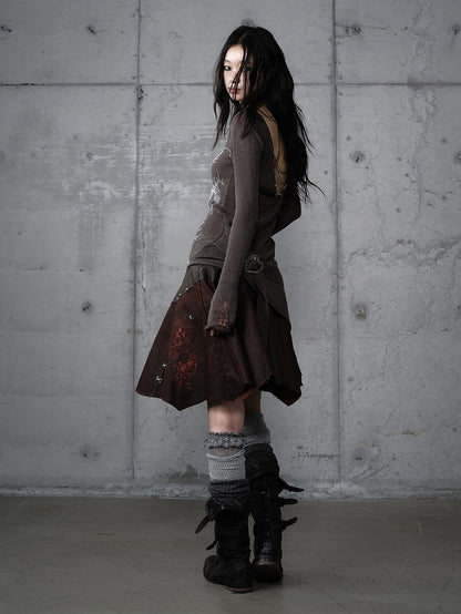 Asymmetrical Skirt Punk Reddish with Embroidery Wasteland Hem Brown Floral Suede