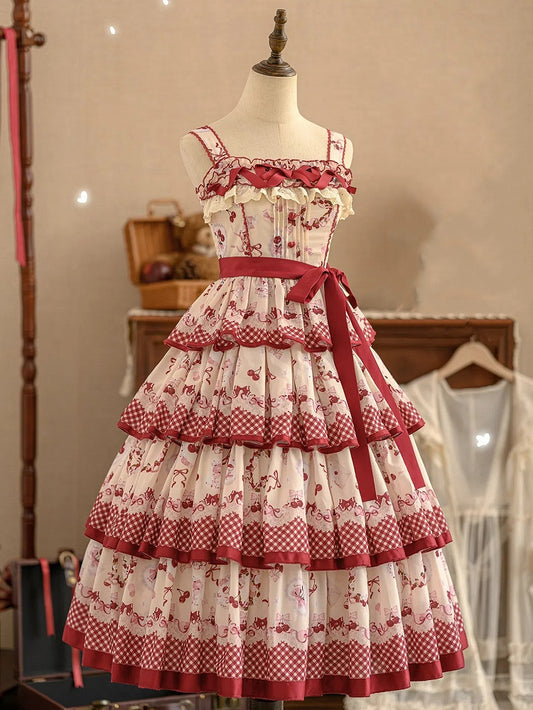 Robe Lolita mi-longue à ourlet étagé, motif cerises et vichy rouge