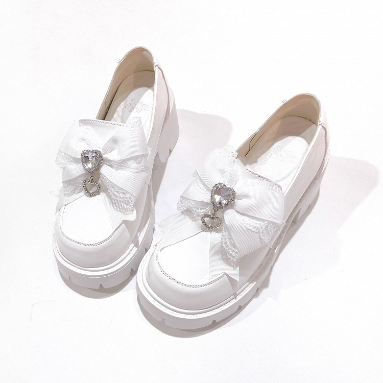Loafers Kei Platform White 6cm in Bow Matte Chunky Heel Heart Decor Rhinestone Jirai