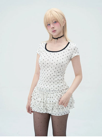 Detail Back Cat Paw Print Cat Ears and T-Shirt White at Allover Black Cross Pastel Gothic