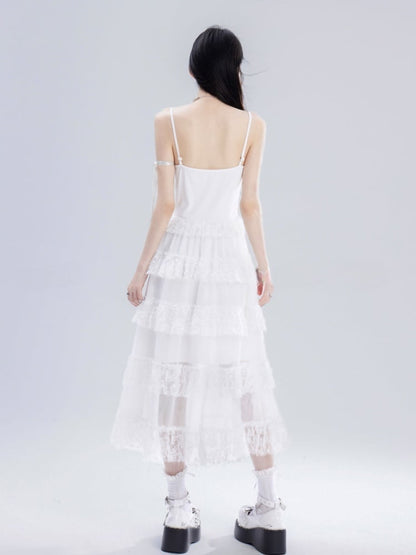 Skirt Cami Dress Waist Chain Sweet White Lace Tiered Free with