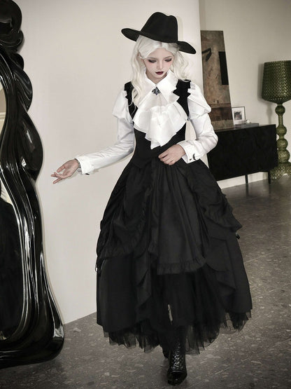 White Jabot Bat Wings Shape Collar Long Sleeves Shirt