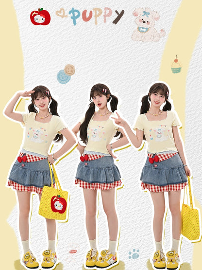 T-Shirt Hem Square Neck Apricot Puppy Print Lettuce