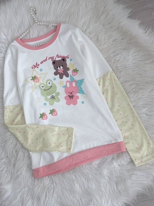 Animals White Yellow Sleeves Print Stars Cute Top
