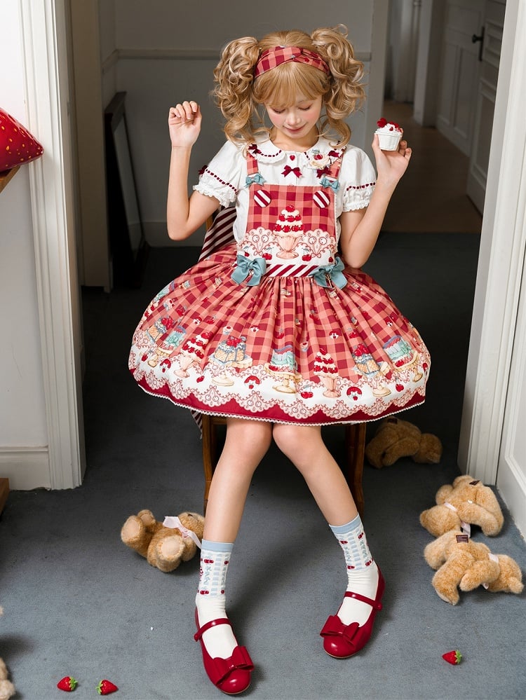 Robe salopette Sweet Lolita rouge cerise et dessert