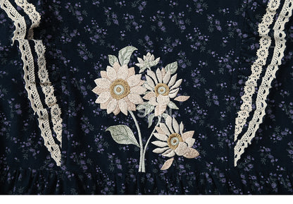 Dark Blue Floral Ruffle Neckline Mori Kei Floral Dress