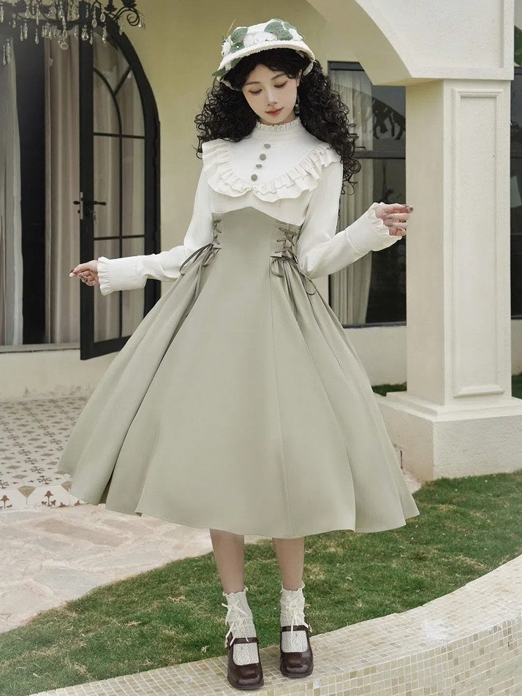 Spring Sleeves Ruffle Neckline Fake Lolita Dress Light Green Long Design and Classic Two-pieces Beige