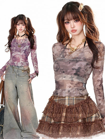Lila/braunes bedrucktes Netzoberteil mit Neckholder-Camisole-Set