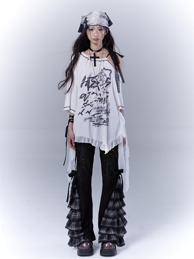 Graphic T-Shirt with Waist Hem White Asymmetrical Neckline Ruffle Strap Self-tie