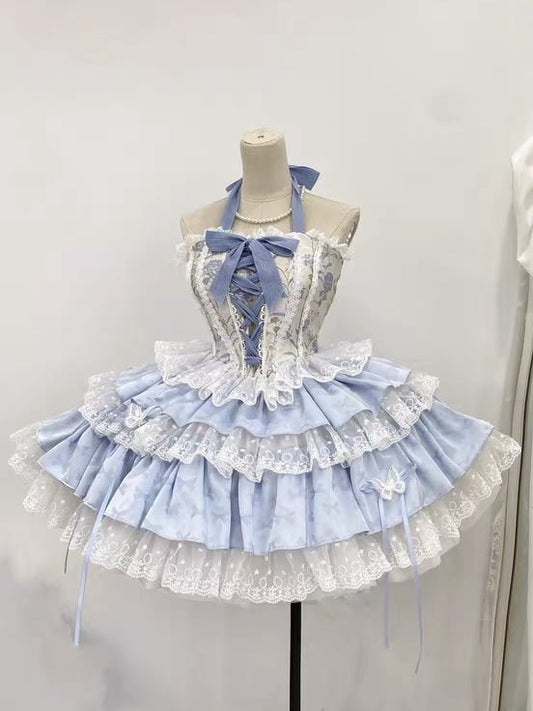 Neck Boned + Ruffle Corset Halter Blue Top Skirt Tiered Balletcore