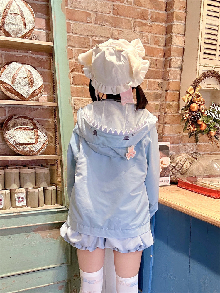 Jacket Shark Design Hood Blue and White Colorblock Design Windbreaker