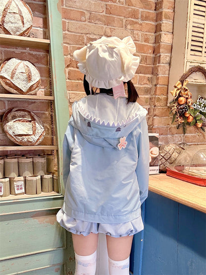 Jacket Shark Design Hood Blue and White Colorblock Design Windbreaker