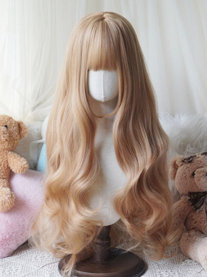 Perruque ondulée blonde/caramel/orange/blond clair, longueur mi-longue, avec frange complète