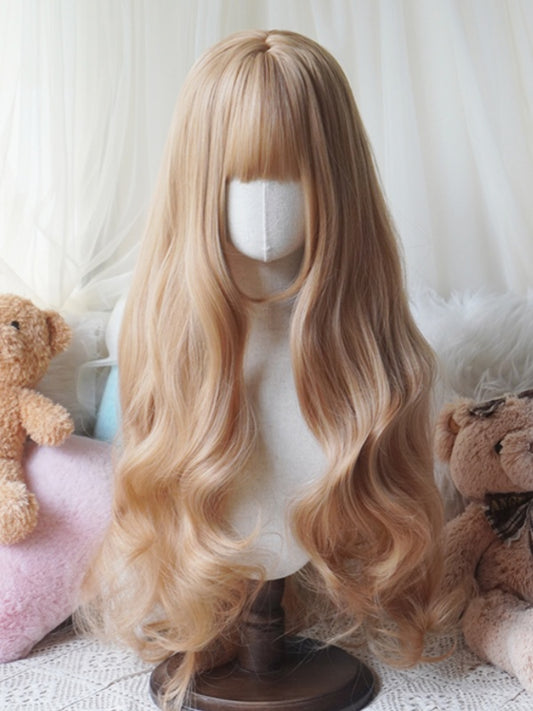 Blonde/Caramel/Orange/Light Blonde Waist Length Wavy Wig With Full Bangs