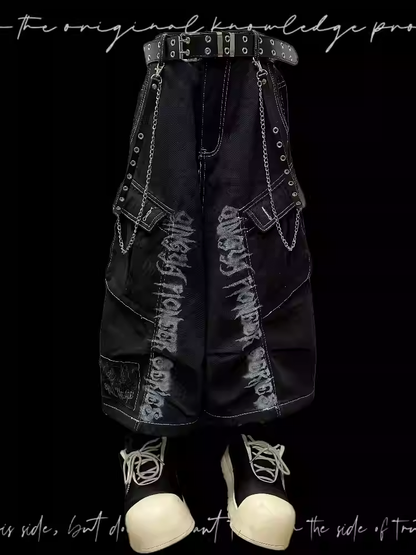 Jeans Black Punk Print Vintage Wide-Leg Cargo