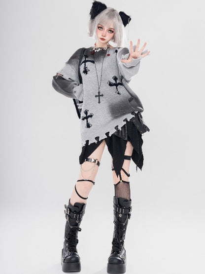 Y2K Black/Grey Cross Shaped Distressed Holes Round Neck Sweater