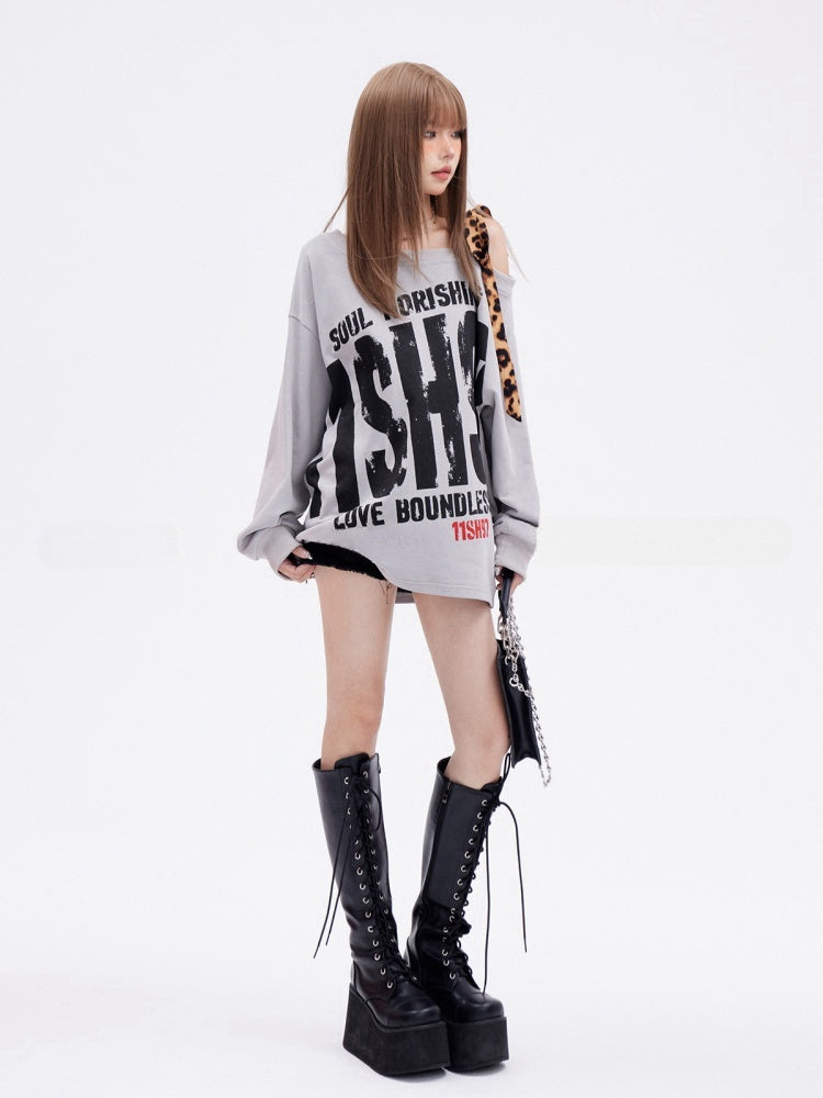 Gray Asymmetrical Neckline Leopard Glamorous Sweatshirt Letter Print Strap