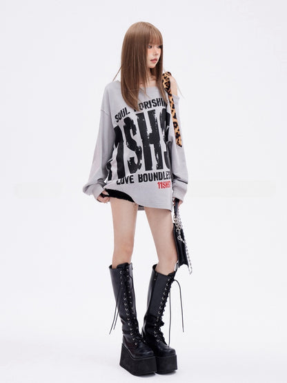 Gray Asymmetrical Neckline Leopard Glamorous Sweatshirt Letter Print Strap