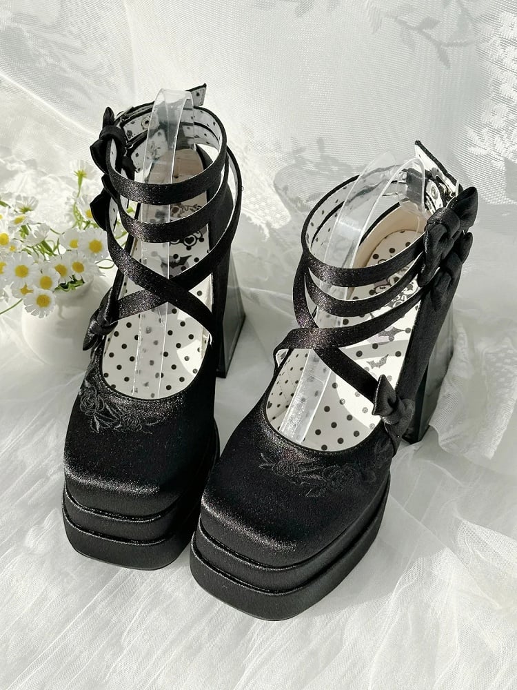 Black Camellia Flower High Block Heel Elegant Platform High Heels