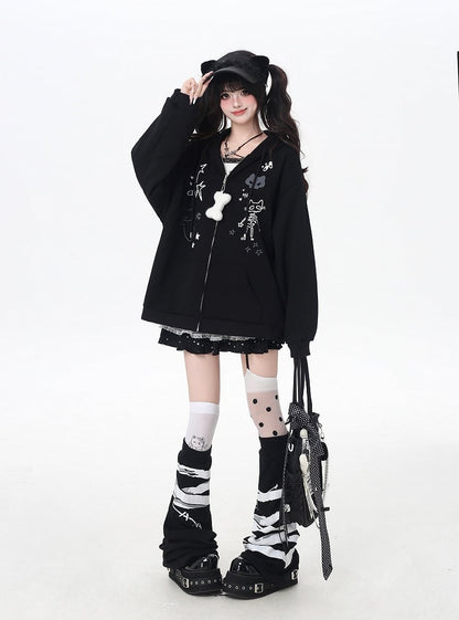 Bone Plushie Schwarz/Grau Zip-up Hoodie mit Kitty Ohren Kapuze und