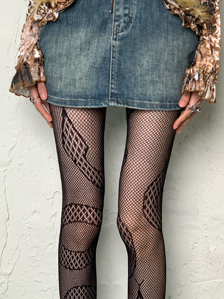 Black Y2K Snake Pattern Hollow-out Tights