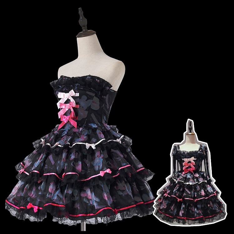 Cute Bunny Satin Bows Decorated Tiered Skirt Black Boning Dress