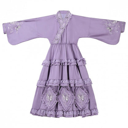 Delicate Butterfly Apron Lolita Dress Black Set Purple Han and Embroidery Full Floral +
