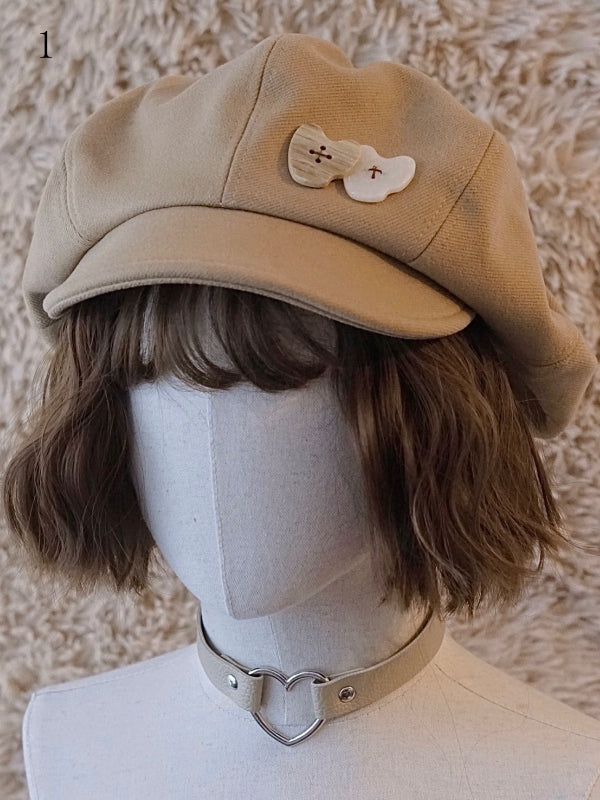 Botton khaki Hat Beret Decorated