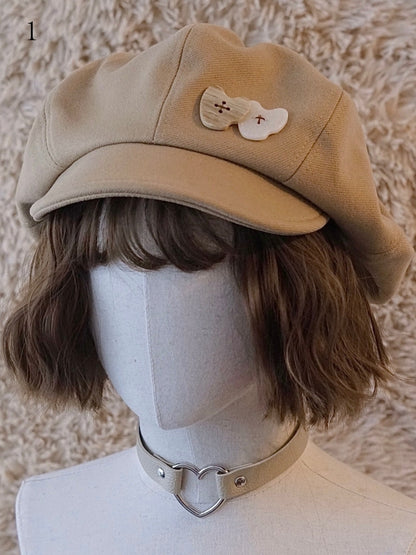 Botton khaki Hat Beret Decorated