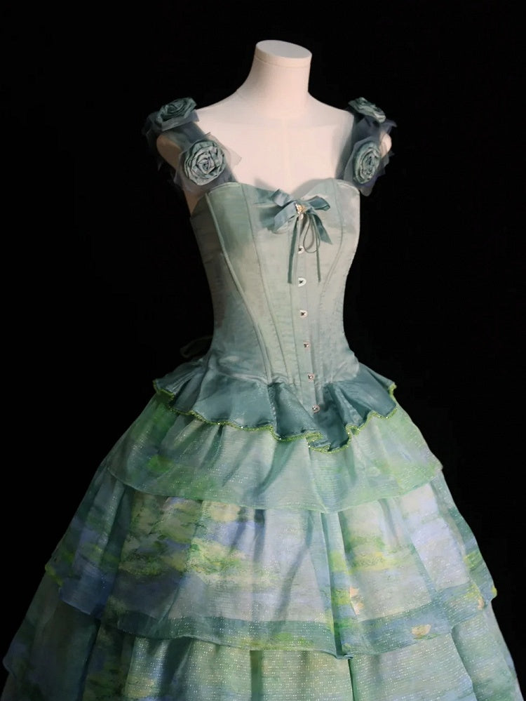 Flounce Green Hem Boned Corset Top with Detachable Floral Adornments