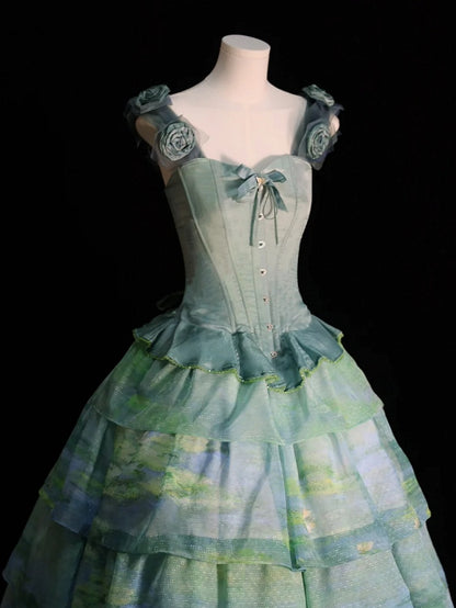 Flounce Green Hem Boned Corset Top with Detachable Floral Adornments