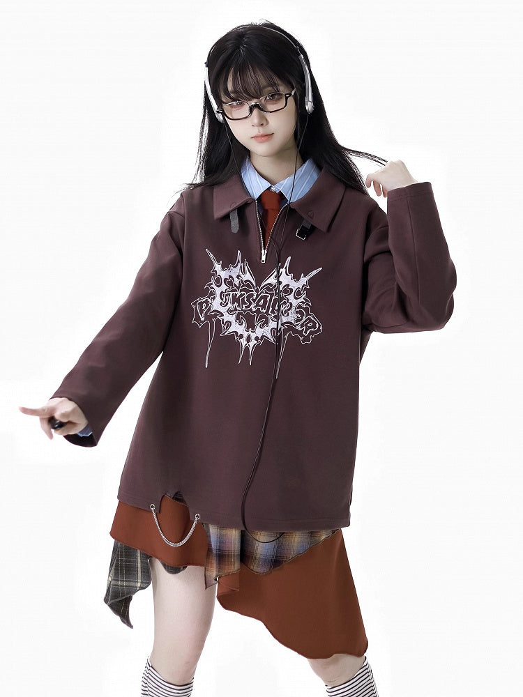 Collar Banded Graphic Sweatshirt Brown Polo Collar Buckle Strap Neckline