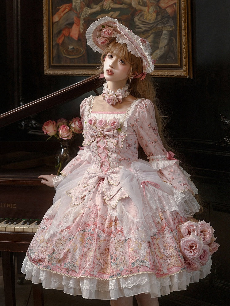 Pink Rosette Print Rococo Fashion Inspired Lolita Dress Square Neckline Bell Sleeves OP / Full Set
