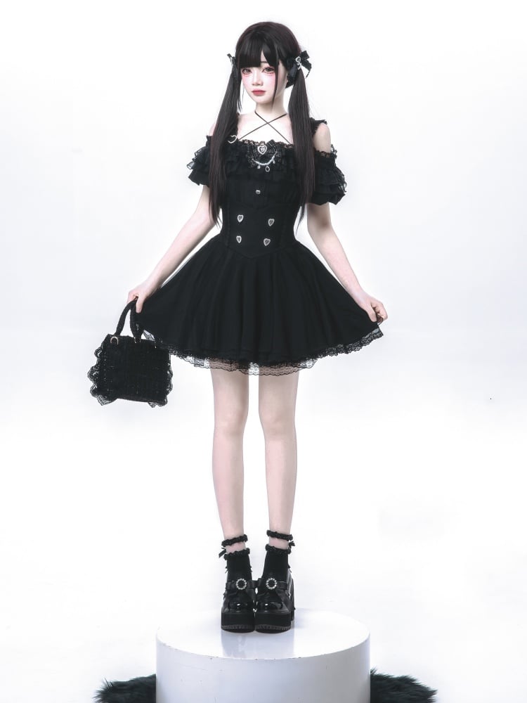 Trim Skirt Buttons Lace Sweetheart with Jirai Kei Black High Waist