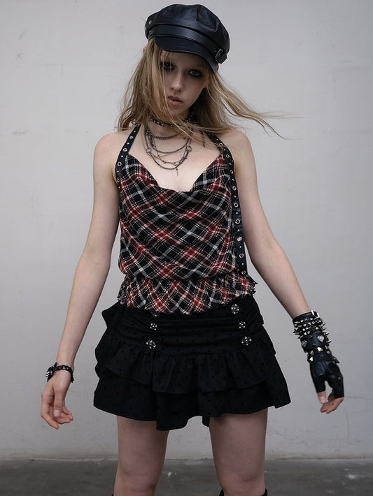 Punk Wasteland Halter Top Neck Neckline Trim Pattern BlackRed Glamorous Plaid Ruffles Cowl