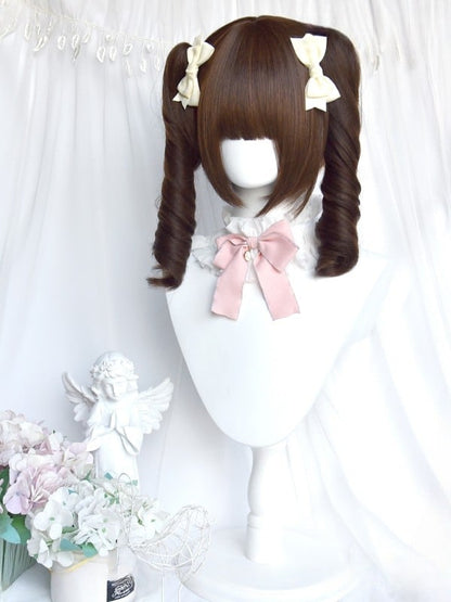 Full 22CM Clips With 30CM Brown Straight Bangs Short Ponytail Wig Double Curly + Roman Claw
