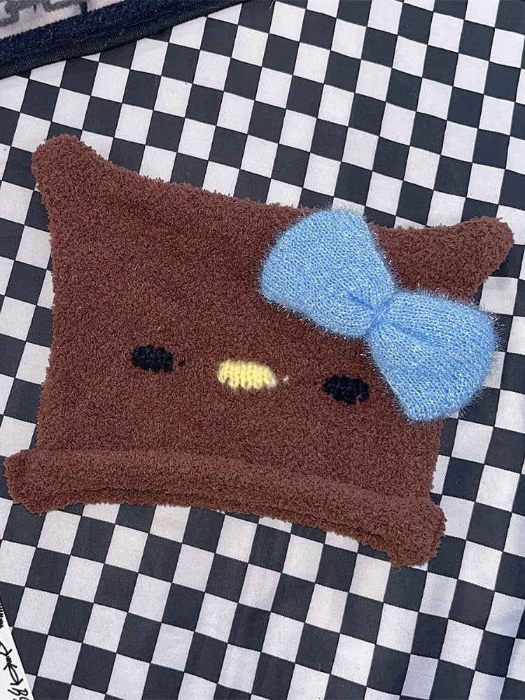 Bonnet tricoté à nœud papillon Y2K avec motif chaton