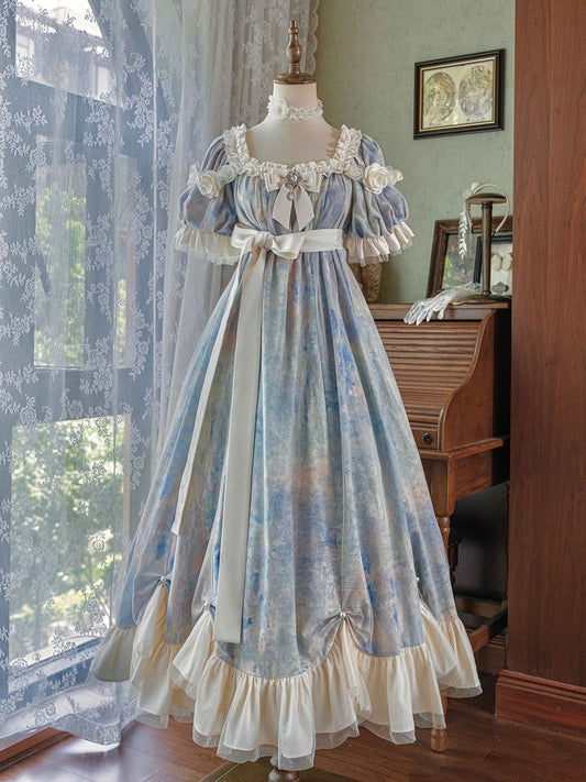 Piece Lolita Maxi One Dress Waist Elegant Classic Painting Blue Empire Oil Print