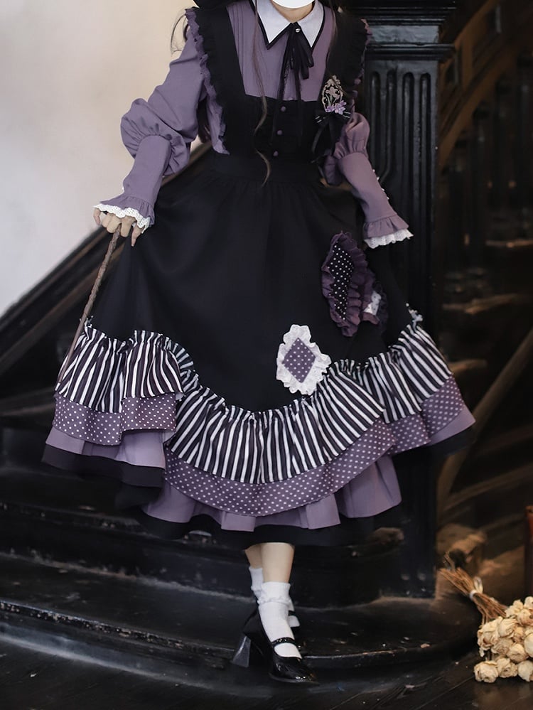 Dress Bittersweet Lolita Apron in Black Stripes and Purple Polka Dot