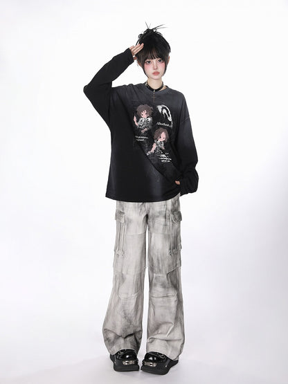 Cargo Wide-Leg Jeans with Utility Pockets White  Gray Tie-Dye