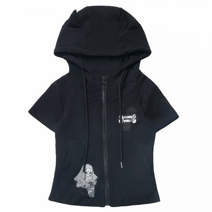 Short Sleeves Top Black/White Devil Horn Design Hood Zip Closure