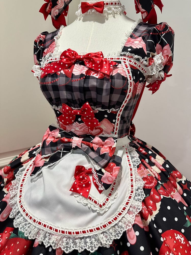 XXL Bust Apron Plaid Print with for 96-111CM Pattern Black Strawberry Sweet Dress Clearance-Size Summer and Lolita