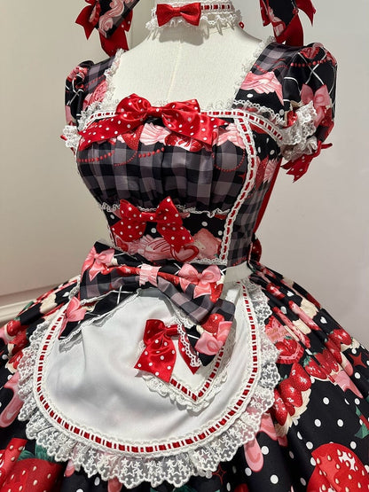 XXL Bust Apron Plaid Print with for 96-111CM Pattern Black Strawberry Sweet Dress Clearance-Size Summer and Lolita