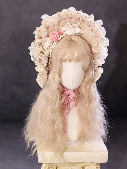 Beige Hanayome Rosette Embroidery Floral and Bead Chain Lolita OP Full Set