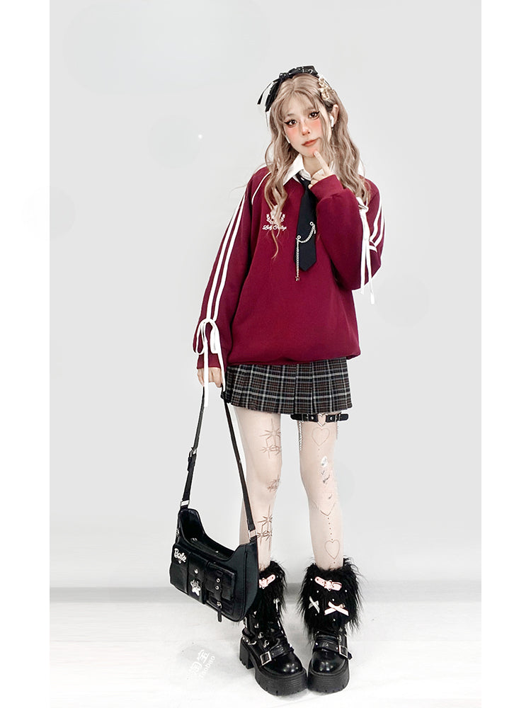 Wine Red Preppy Style Pull-on Sweat Shirt